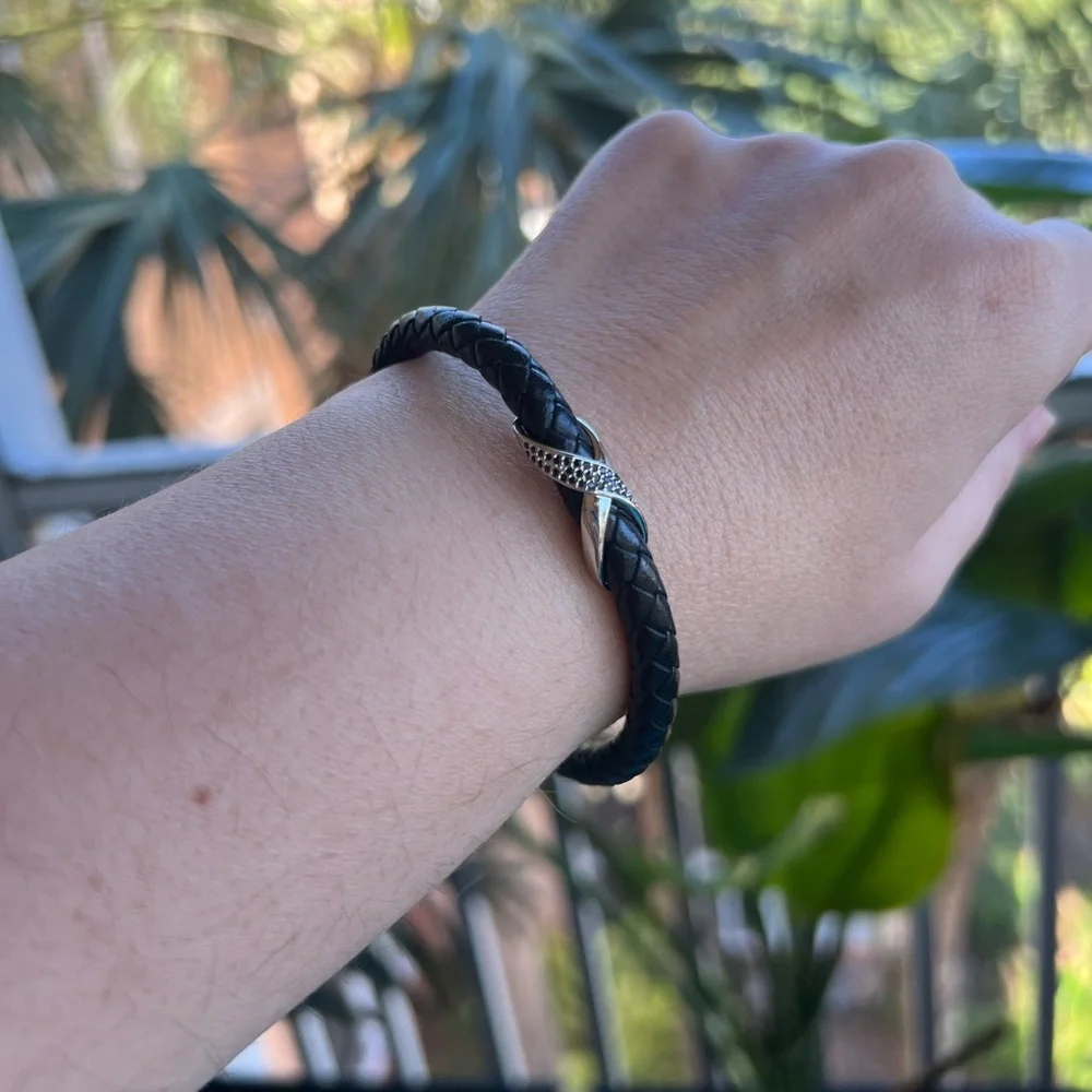 Black Braided Leather Bracelet with Black CZ Pavé Accent